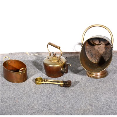 Lot 165 - A pair of copper coppers, another, and a quantity of other fireside metalware