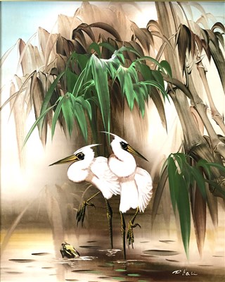 Lot 514 - R. Hall, Cranes and Bamboo, oil on canvas