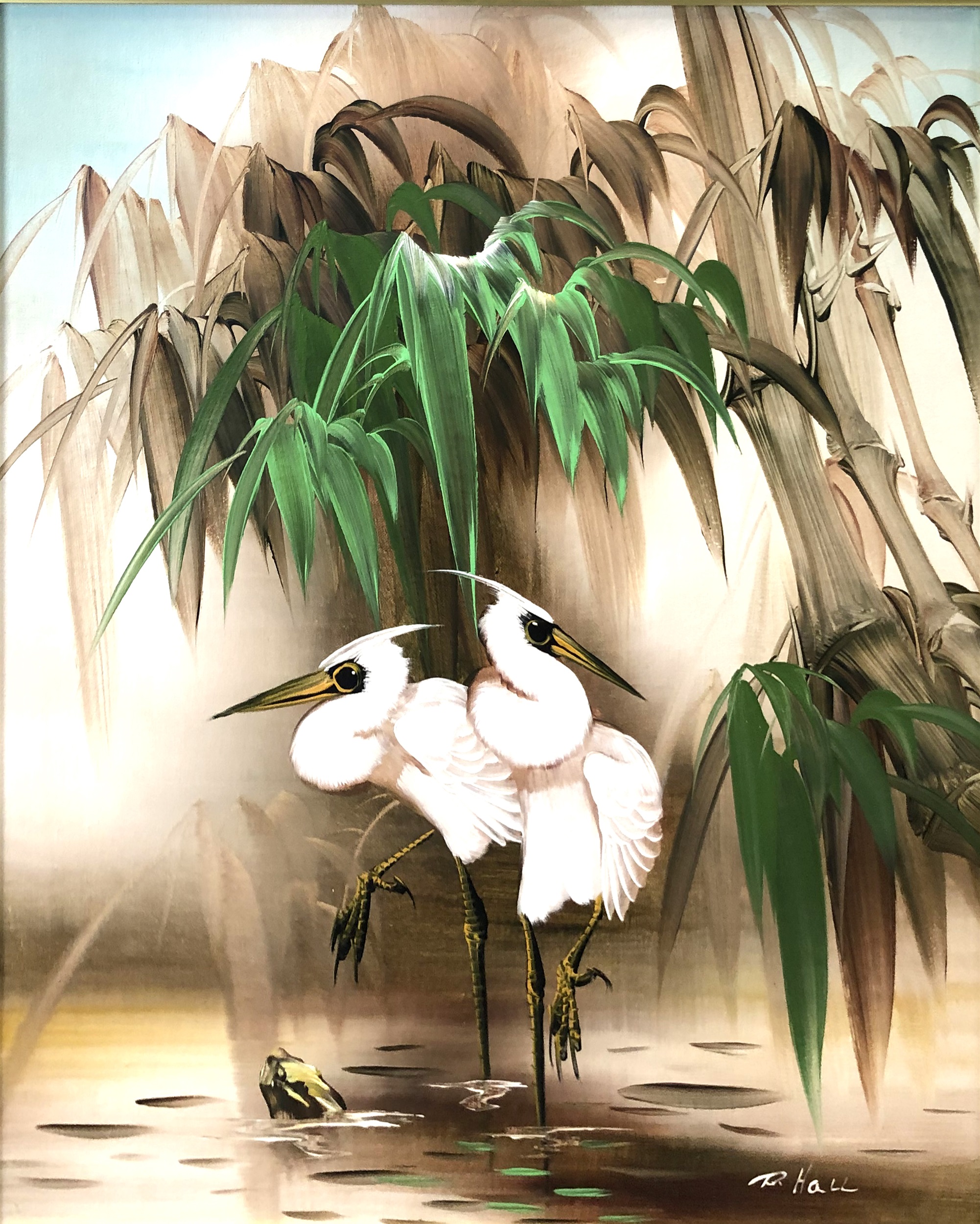 Artist R Hall Lot 514 - R. Hall, Cranes and Bamboo, oil on canvas
