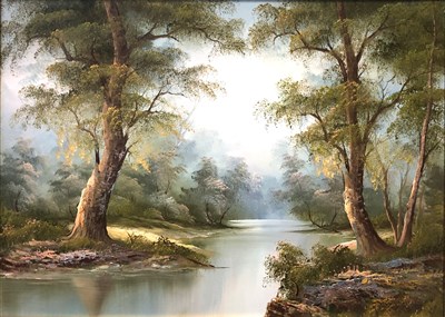 Lot 497 - Continental School, river and woodland, oil on canvas