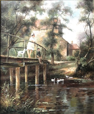 Lot 501 - Ken Adams, Bridge over the River Avon, with farm buildings beyond, oil