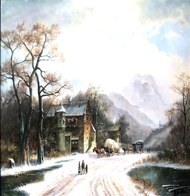 Lot 504 - Johnny Gaston, Church, winter landscape, oil on panel