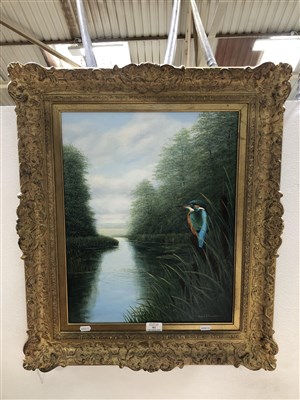 Lot 502 - David J Lawrence, Good Prospects, a Kingfisher on the River Dart, oil on canvas