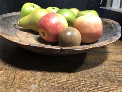 Lot 115 - Old turned wood bowl with fruit, and a hall lantern