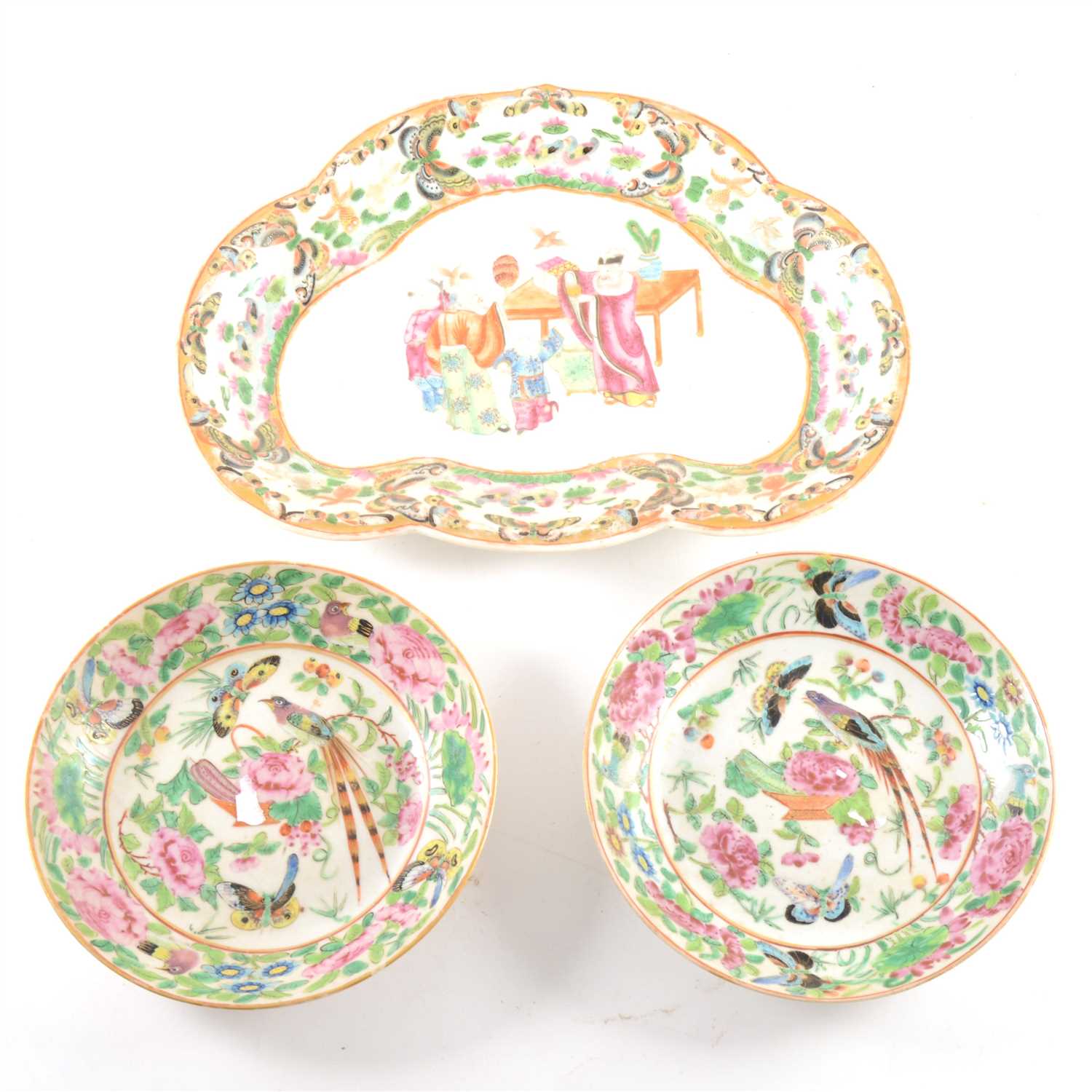 Lot 42 - A Cantonese famille rose dish, and similar pair of saucers