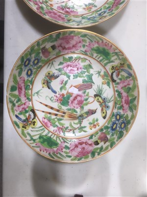 Lot 42 - A Cantonese famille rose dish, and similar pair of saucers