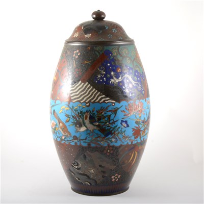Lot 64 - Chinese cloisonné barrel-shape covered jar, 20th century