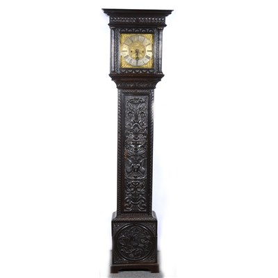 Lot 578 - A carved oak longcase clock, 10" square brass dial, signed S Blackburn, ...