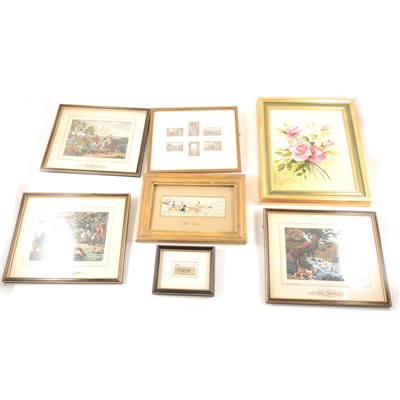 Lot 129 - Framed Stevengraph 'Full Cry', Langley silk prints, and other miniature prints.
