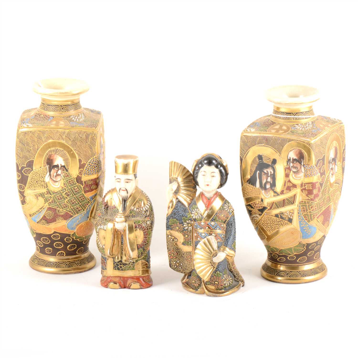 Lot 63 - A pair of Satsuma pottery vases, and a pair of Satsuma figures.