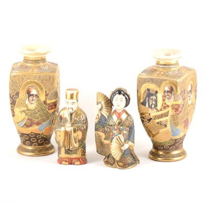 Lot 63 - A pair of Satsuma pottery vases, and a pair of Satsuma figures.