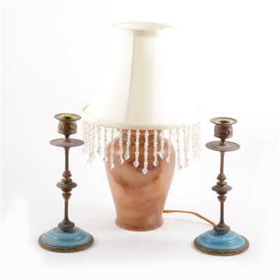Lot 87 - A solid alabaster urn-shape table lamp, and a pair of table lamps