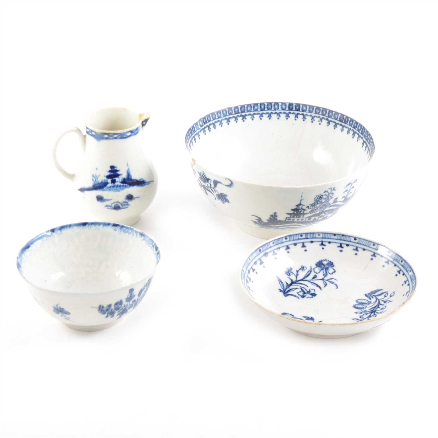 Lot 47 - Worcester jug, 18th Century, blue and white, a similar saucer and two bowls, all damaged