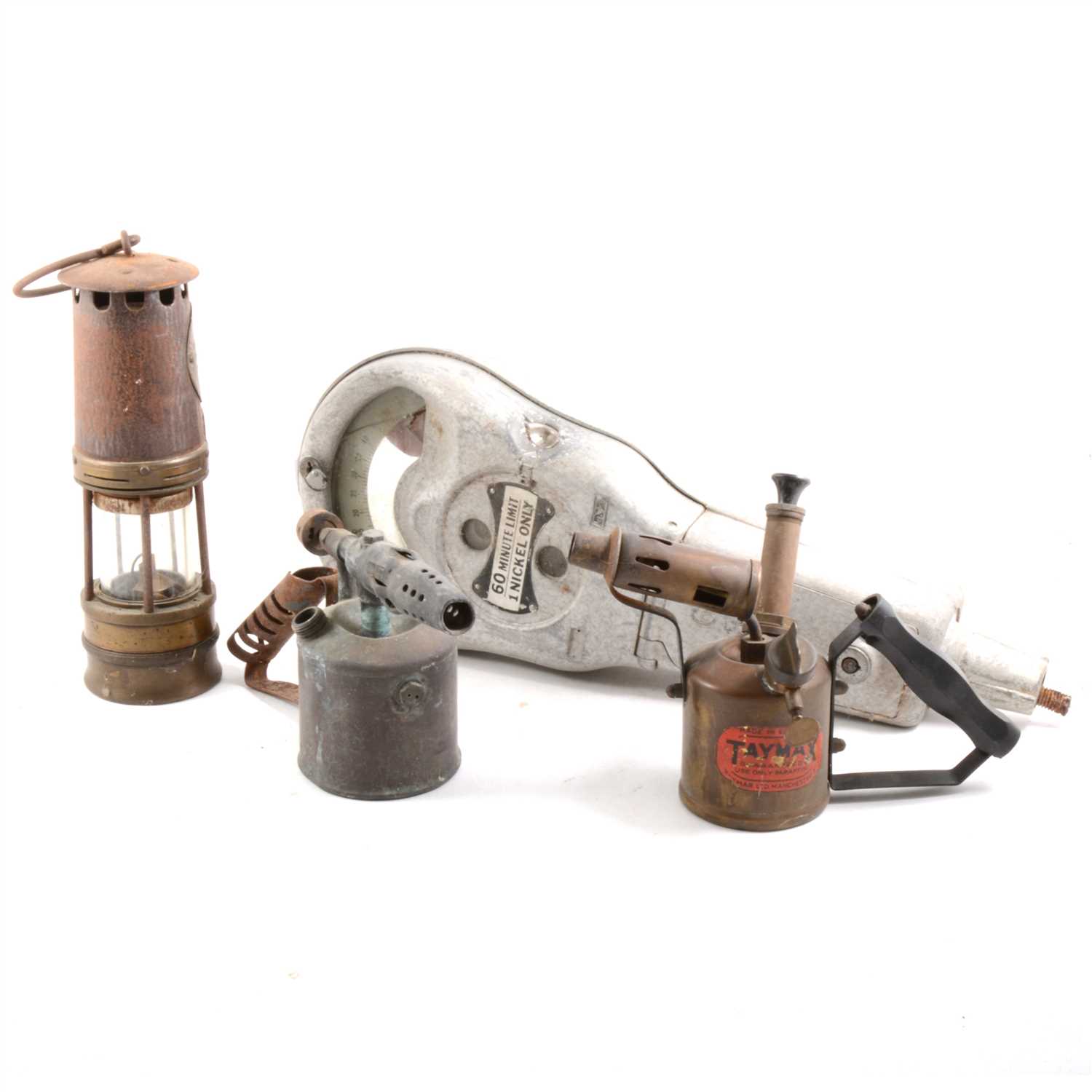 Lot 149 - Hailwood's Improved Miners Safety Lamp, a parking meter head, lanterns, etc