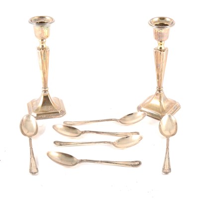 Lot 260 - A pair of silver candlesticks and six silver teaspoons.