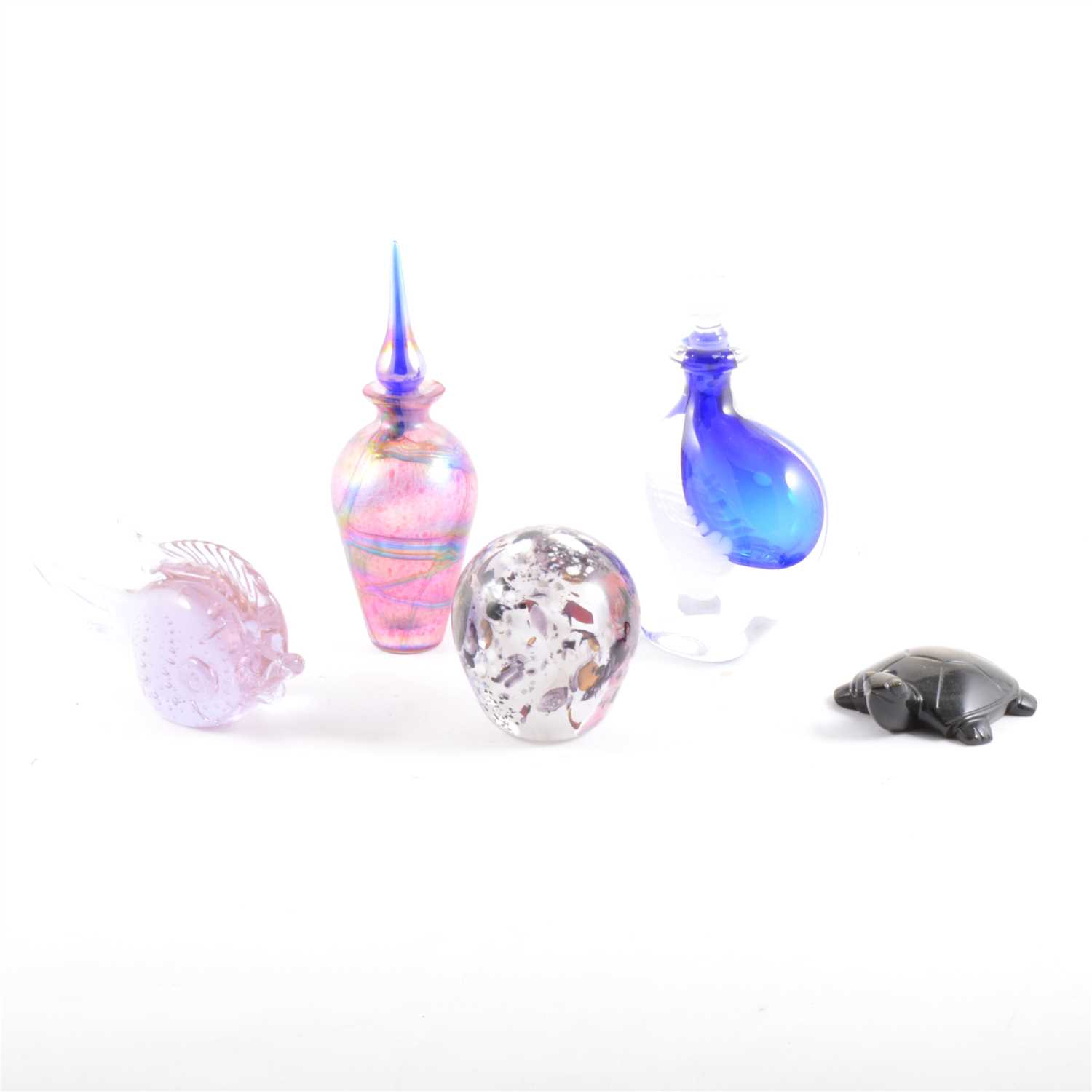 Lot 32 - An iridescent glass scent bottle, and other ornamental glass