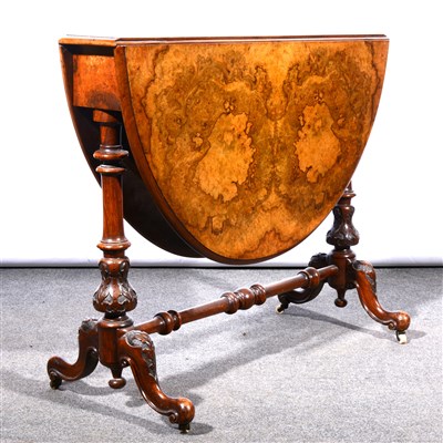 Lot 641 - A Victorian burr walnut Sutherland table, oval swivel top, standard ends, turned rail, 108cm x 91cm.