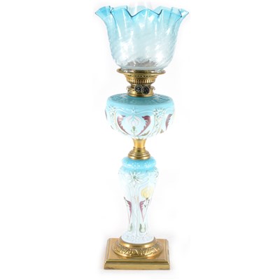 Lot 201 - A blue opaque glass oil lamp, ...