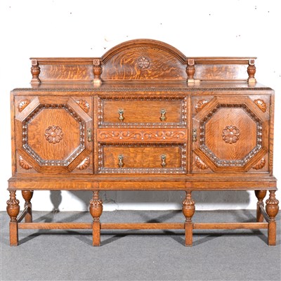 Lot 404 - Oak sideboard, arched rose back with moulded...