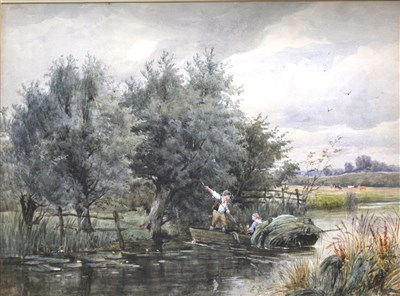 Lot 300 - Edward Davies, Country landscape with couple in a boat, watercolour