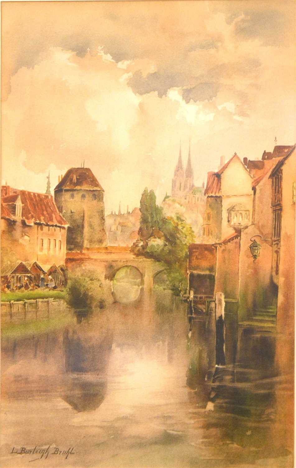 Lot 302 - Louis Burleigh Bruhl, continental town scene with a canal, watercolour