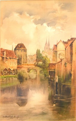 Lot 302 - Louis Burleigh Bruhl, continental town scene with a canal, watercolour