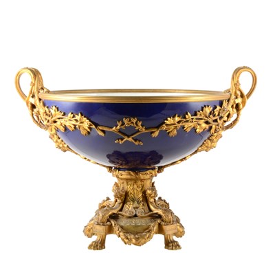 Lot 47 - A French Bleu de Roi porcelain and gilt metal comport with twin handles