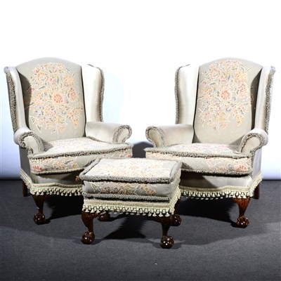 Lot 558 - Pair of Georgian style wing-back armchairs, and a matching stool