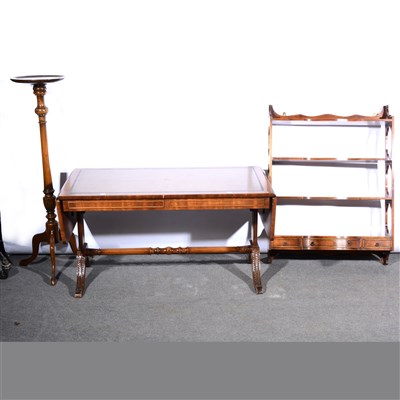 Lot 621 - Reproduction mahogany coffee table, an open set of shelves, jardiniere stand, and another table.