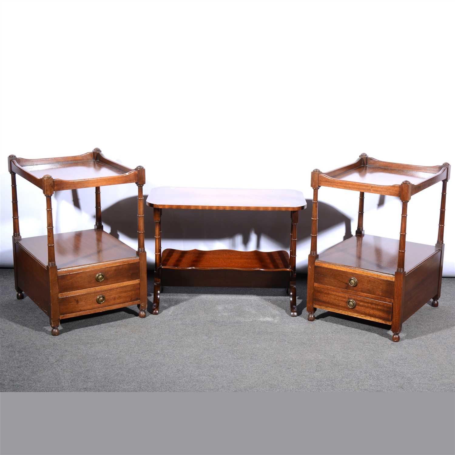 Lot 534 - Pair of reproduction mahogany bedside tables, serpentine chest of drawers, etc