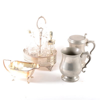 Lot 140 - A quantity of plated and pewter wares, including a five bottle cruet and Sheffield plate stand