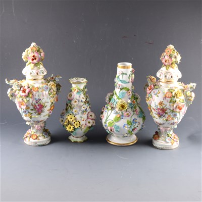 Lot 74 - A pair of German porcelain encrusted vases, ...