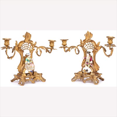 Lot 507 - A pair of Rococo style gilt metal two-light candelabra