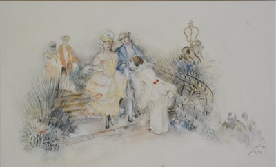 Lot 317 - B.W., figures in a garden, watercolour