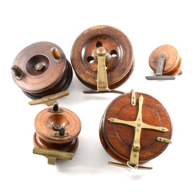 Lot 187 - Five vintage centre pin brass and mahogany fishing reels