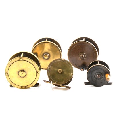Lot 188 - Five all-brass centre pin fly fishing reels