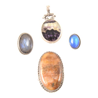 Lot 383 - Blue John pendant, two butterfly wing brooches and a jasper brooch.