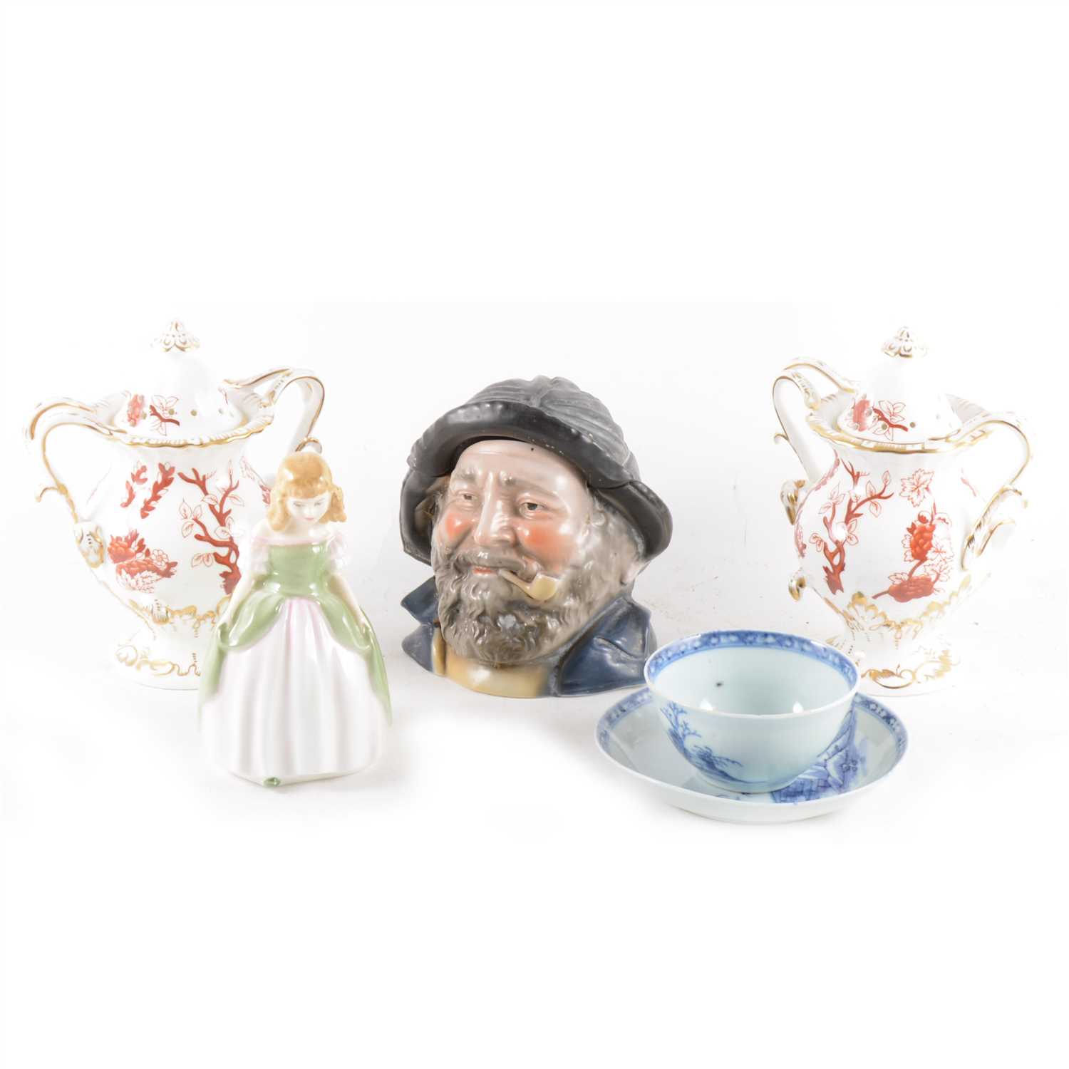 Lot 184 - A Nanking Cargo tea bowl and saucer with certificate, two Royal Doulton figures and other ceramics.