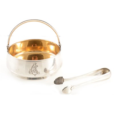 Lot 429 - A Russian silver sugar bowl with gilded interior and sugar tongs