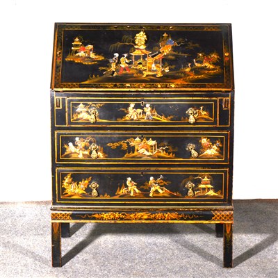 Lot 348 - A black lacquered and chinoiserie decorated bureau, ...