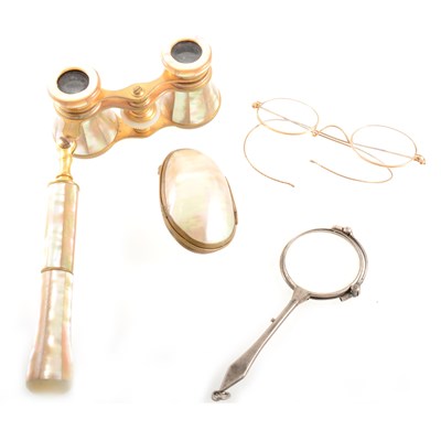 Lot 412 - A pair of mother-of-pearl opera glasses with folding handle and other vintage collectables.