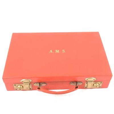 Lot 221 - Red Morocco stationery box, Harrods, Ltd, initialled AMS, width 36cm.