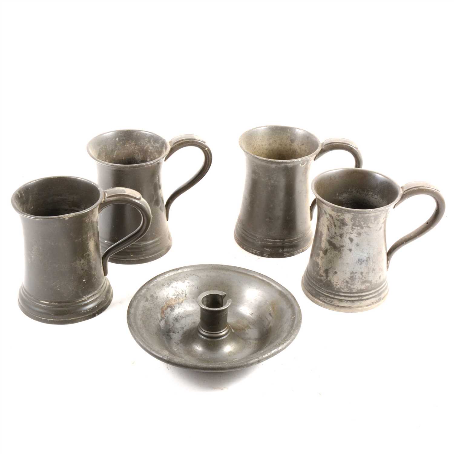 Lot 145 - Four 1 pint Victorian pewter tankards, stamped Morgan & Gaskell, a pewter inkwell and pen stand, and other metal wares.