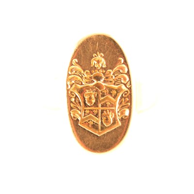 Lot 296 - A yellow metal signet ring with intaglio carved seal.
