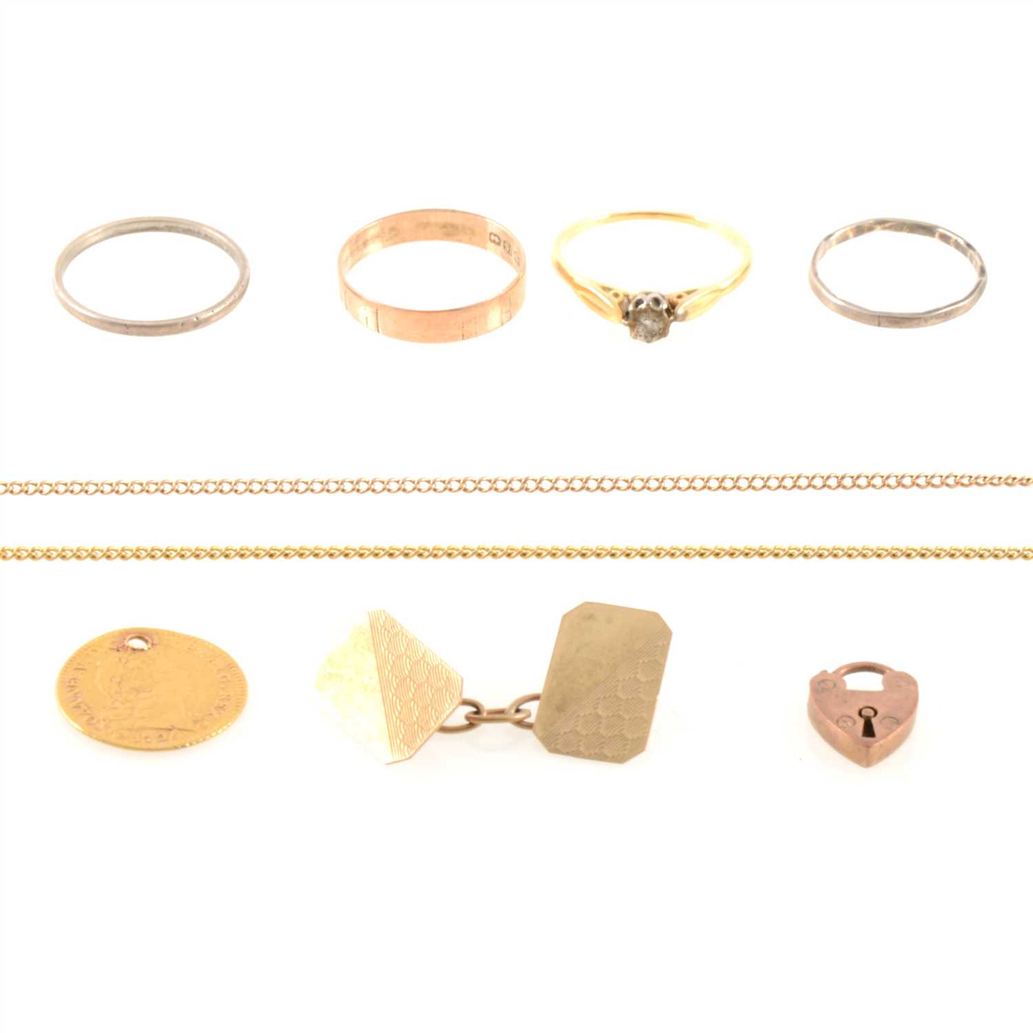 Lot 305 - A box of gold and yellow metal jewellery.
