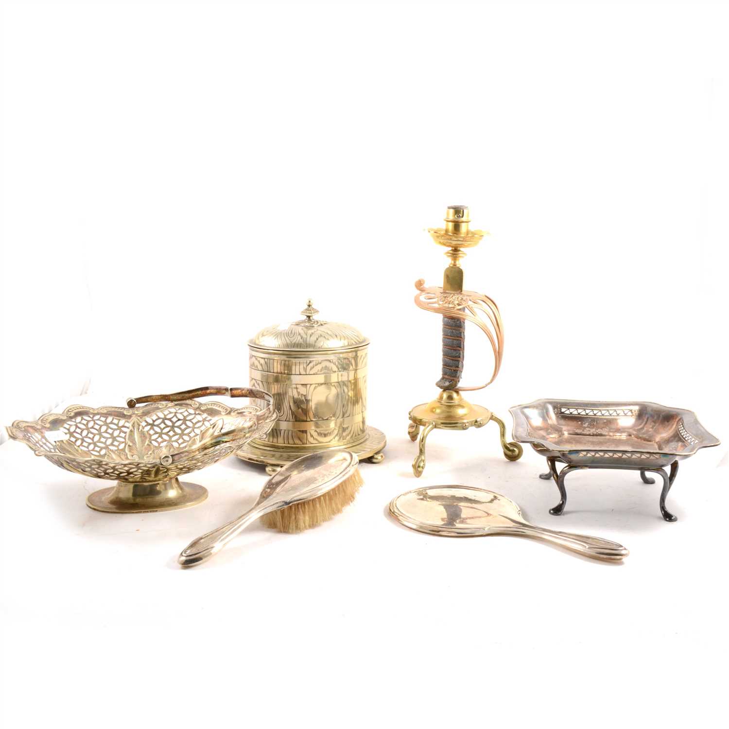 Lot 140 - Sword-hilt candlestick, plated biscuit barrel and other silver and plated wares
