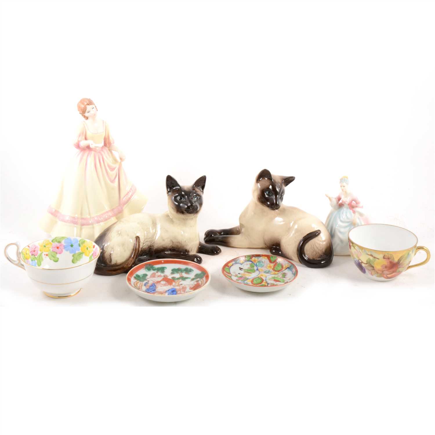 Lot 24 - Beswick, two Siamese cats, two Doulton figures, trios, and Chinese export ware