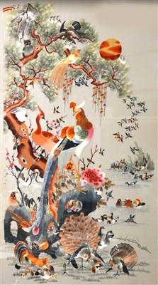 Lot 463 - A Chinese silk embroidered picture, birds and fowl by the waterside, ...