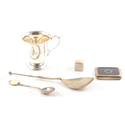 Lot 445 - A Scottish silver gilt serving spoon, small silver cup and other small silver and white metal items.