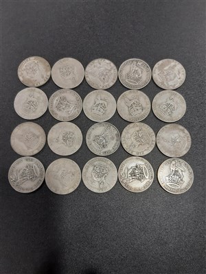 Lot 222 - CATALOGUE AMENDMENT - there are crowns or half crowns in this lot. Collection of British crowns, Florins, two Shillings, one Shillings and three then Shilling notes.